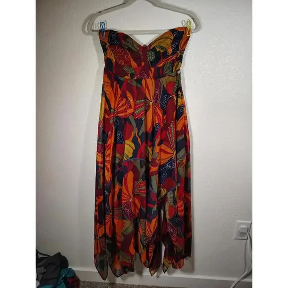 Roxy Dream Strapless midi tiered dress Corsair Blue Orange Bohemian Sweetheart - Picture 2 of 9